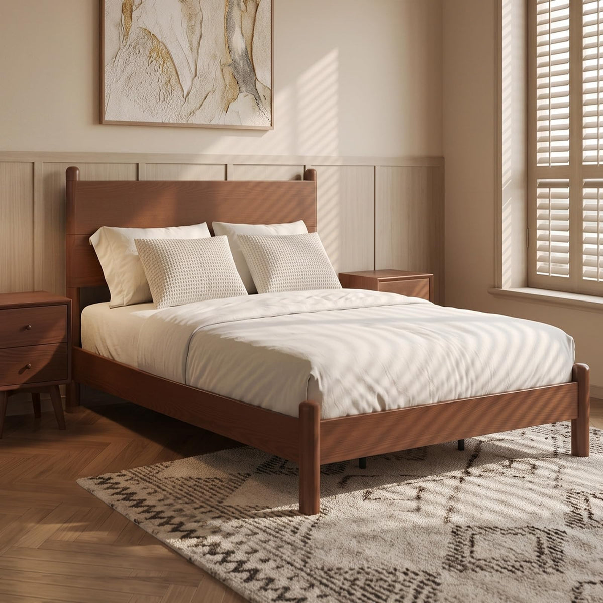 SUCSSRICH Solid Wood Full Size Bed Frame with Tall Headboard, Brown