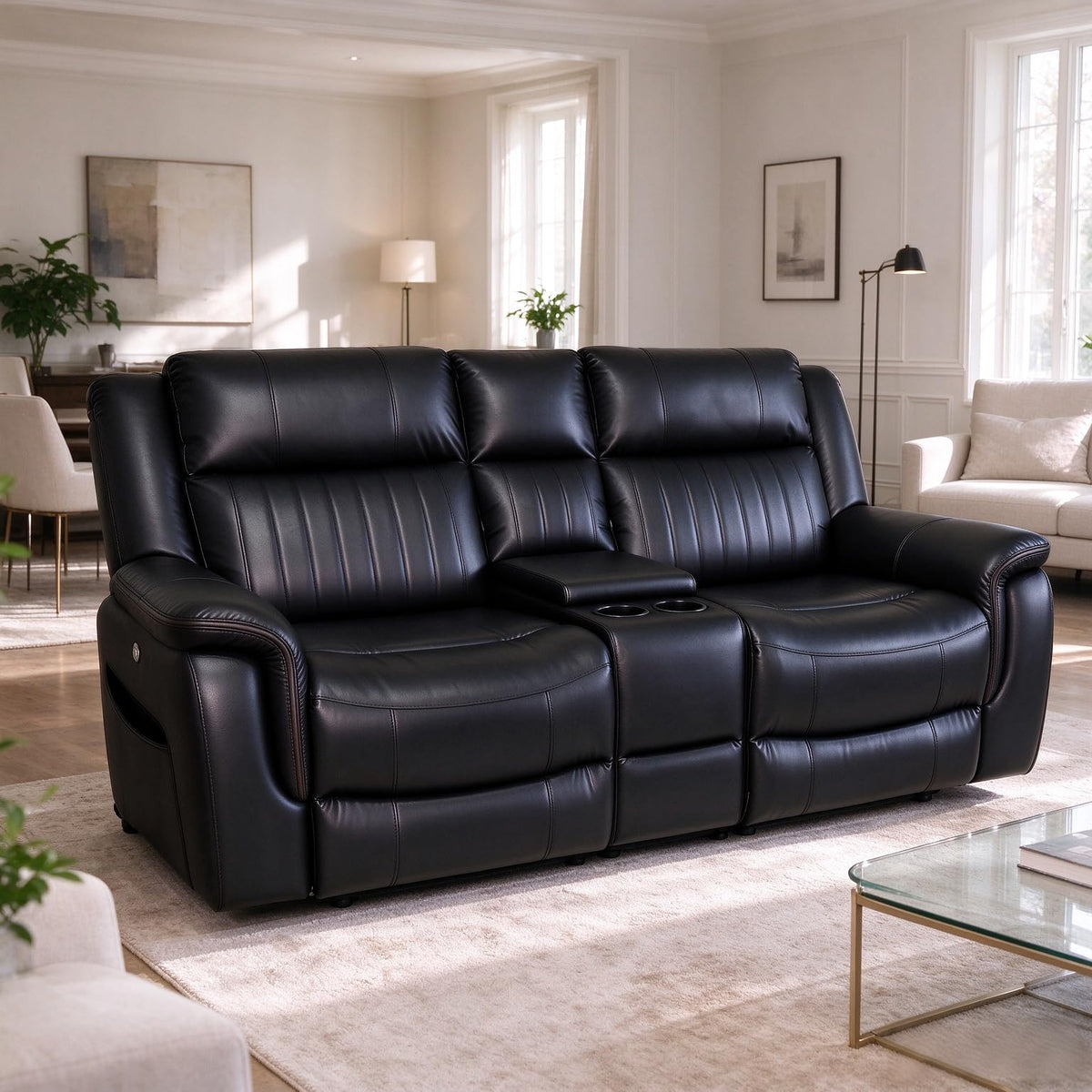 DEPSIS 75" Power Loveseat Recliner with Storage Console, Home Theater Seating with USB & Type C Ports and Cup Holders, Faux Leather 2 Seat Reclining Sofa Chair for Living Room, Gaming Room, Black