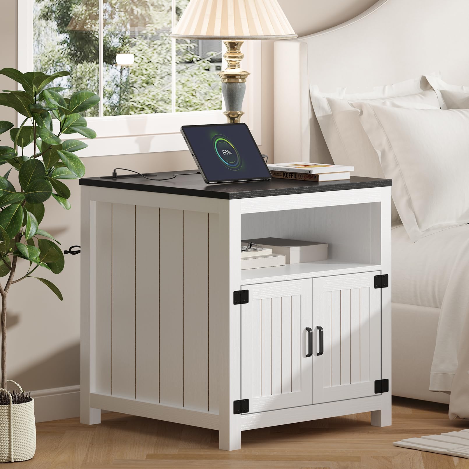 AesthLife End Table with Charging Station, 23.6''W Large Sofa Side Table with Barn Door, Farmhouse Nightstand for Living Room, Bedroom