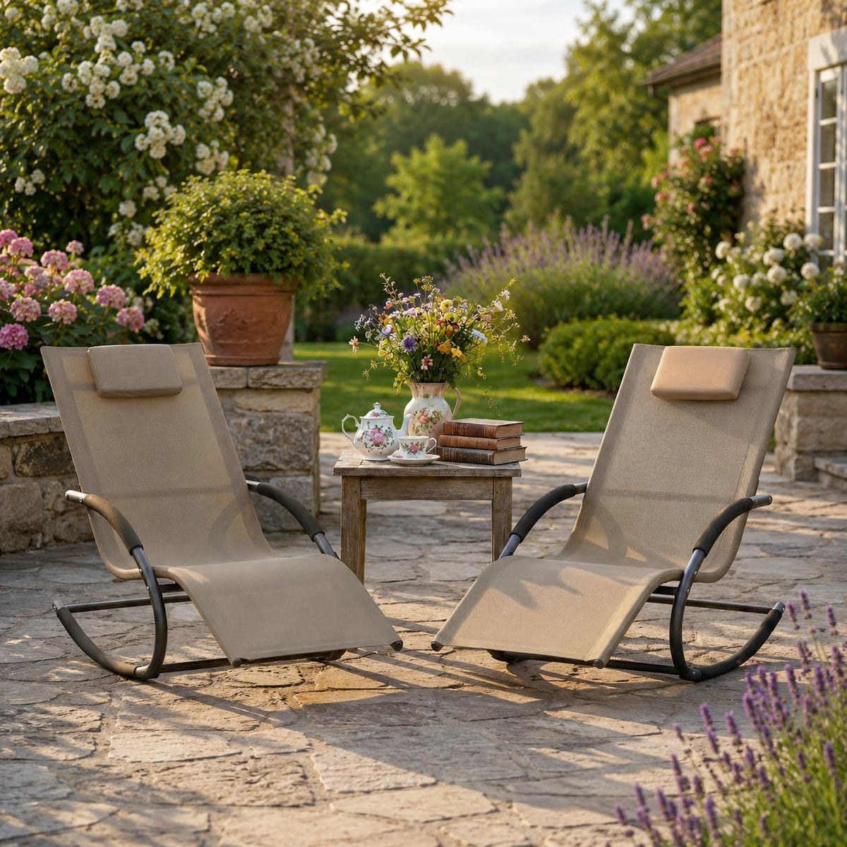 Garvee Outdoor Lounge Chair Rocking Chair Lawn Chair w/Non-Slip Base, Brown