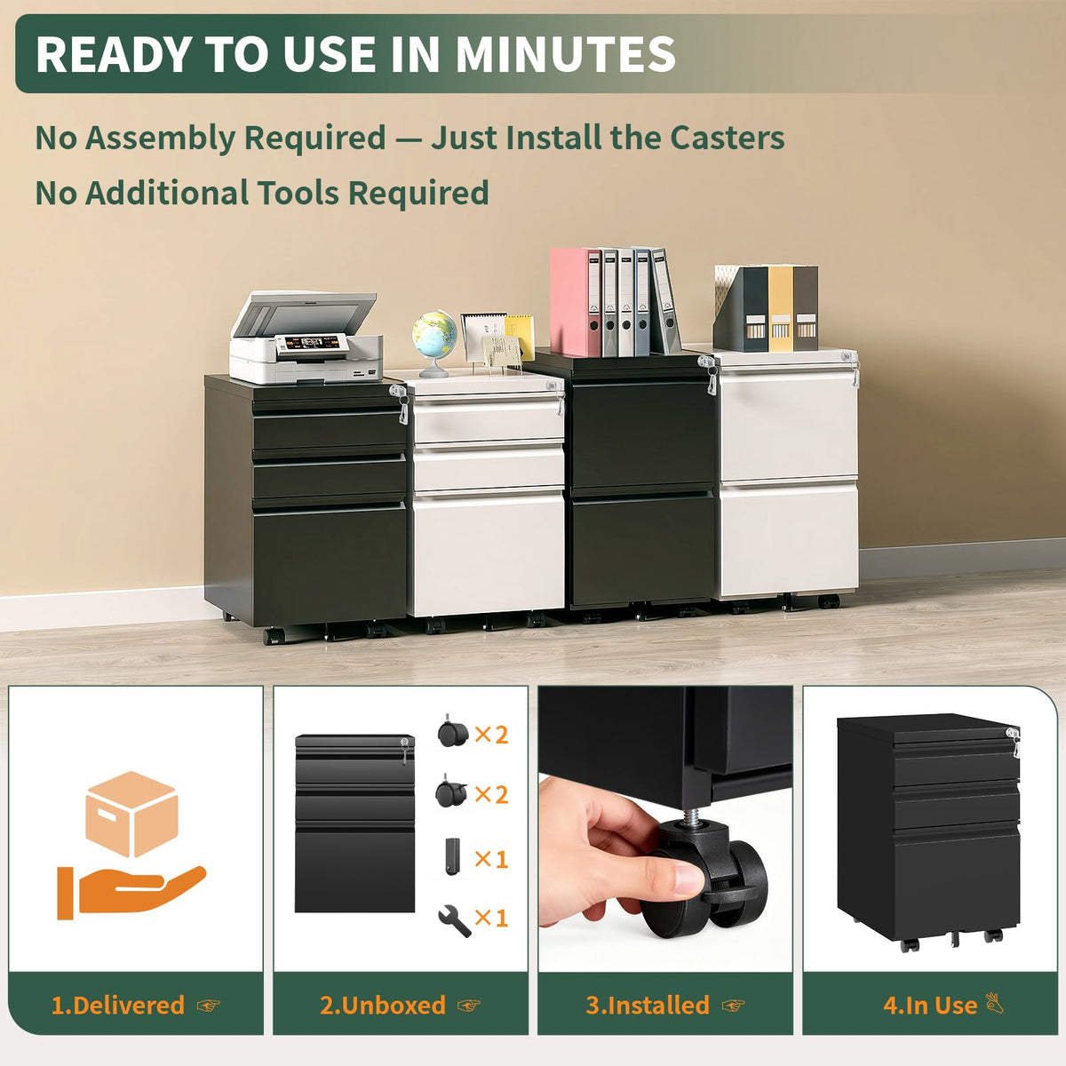 TEEALUBAN 3 Drawer File Cabinet with Lock, Black Metal, Under Desk