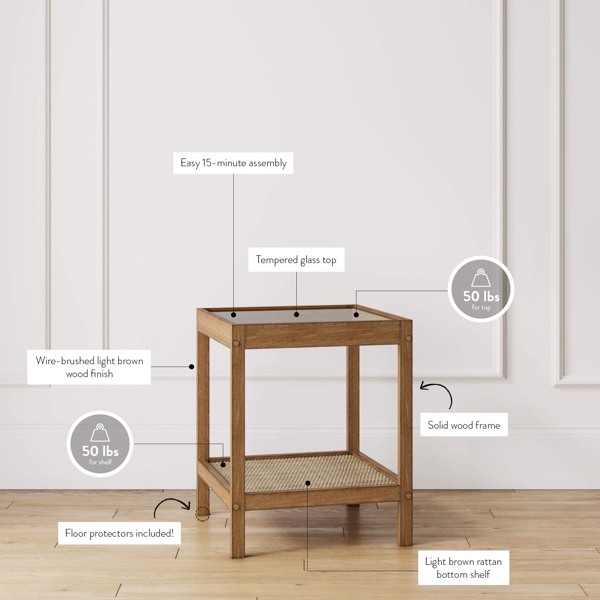 Glass Top End Table with Rattan Shelf