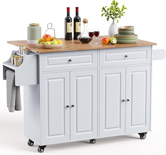 Kitchen Island with Drop Leaf & Storage on Wheels