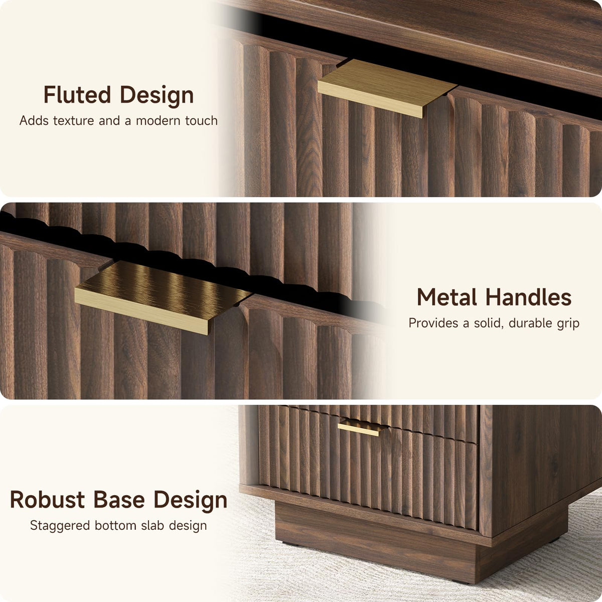 Nightstand with Charging Station, LED Light, 2-Drawer, Walnut, Bedroom