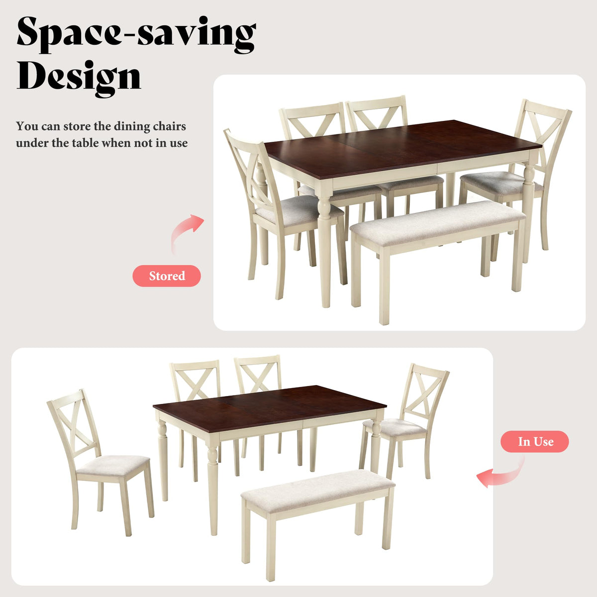 AMERLIFE 6 Piece Farmhouse Dining Table Set with 60" Solid Wood Table