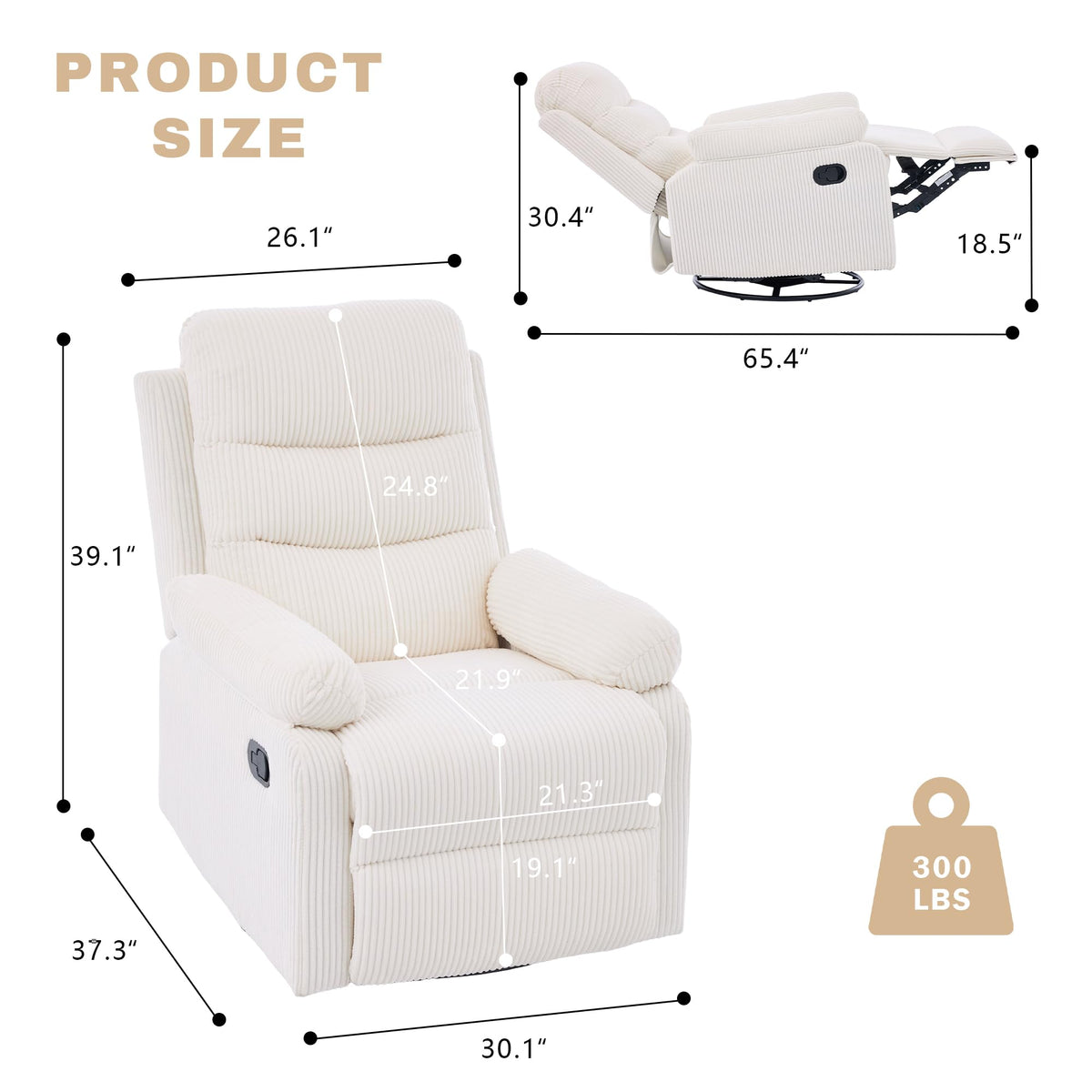 GAOHAPY Rocking Recliner Chair,Modern Swivel Glider Recliner Chair,Corduroy Fabric Upholstery Recliner,Manual Reclining Sofa Chair for Living Room,Office,Apartment (Beige)