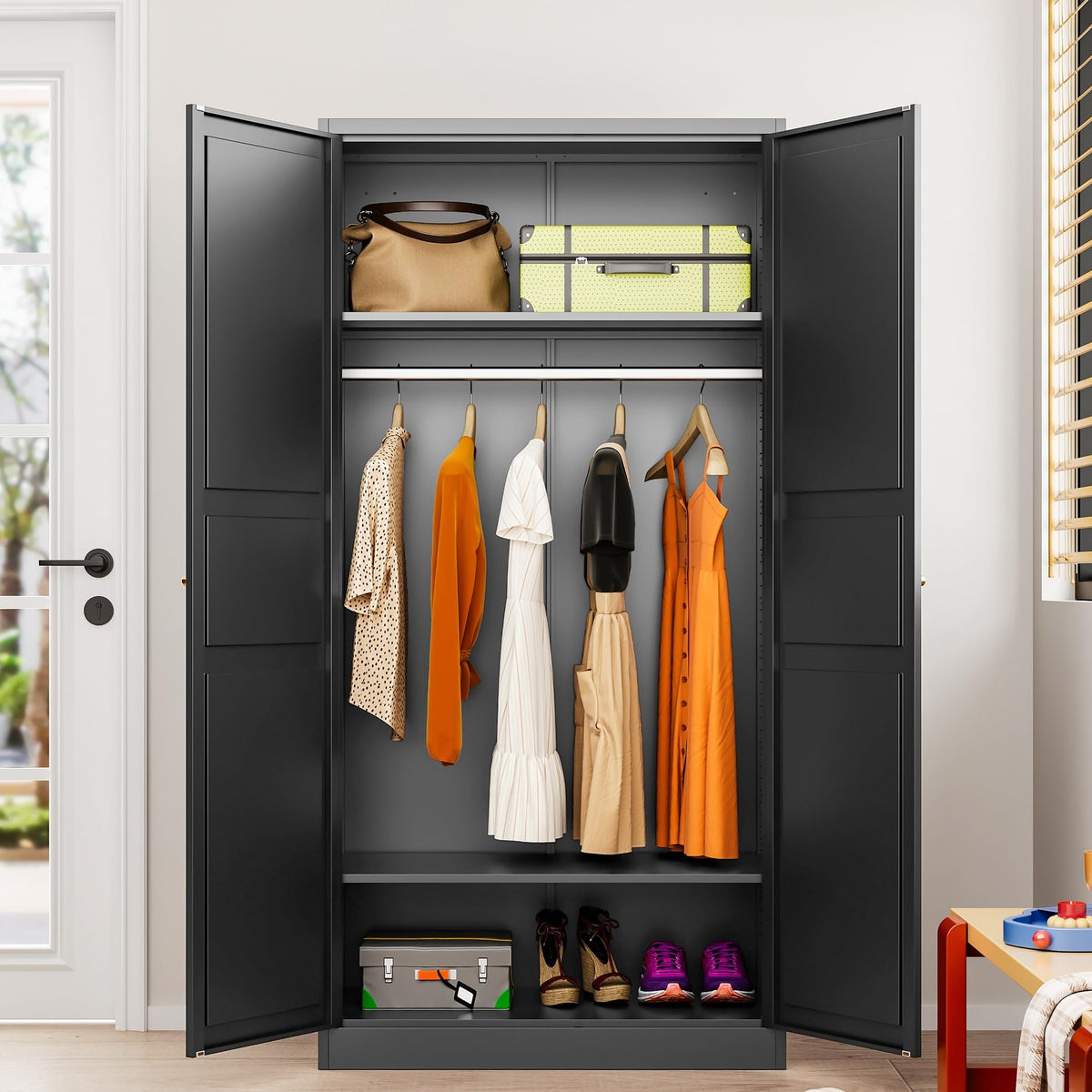 Steel Wardrobe Cabinet with Hanging Rod
