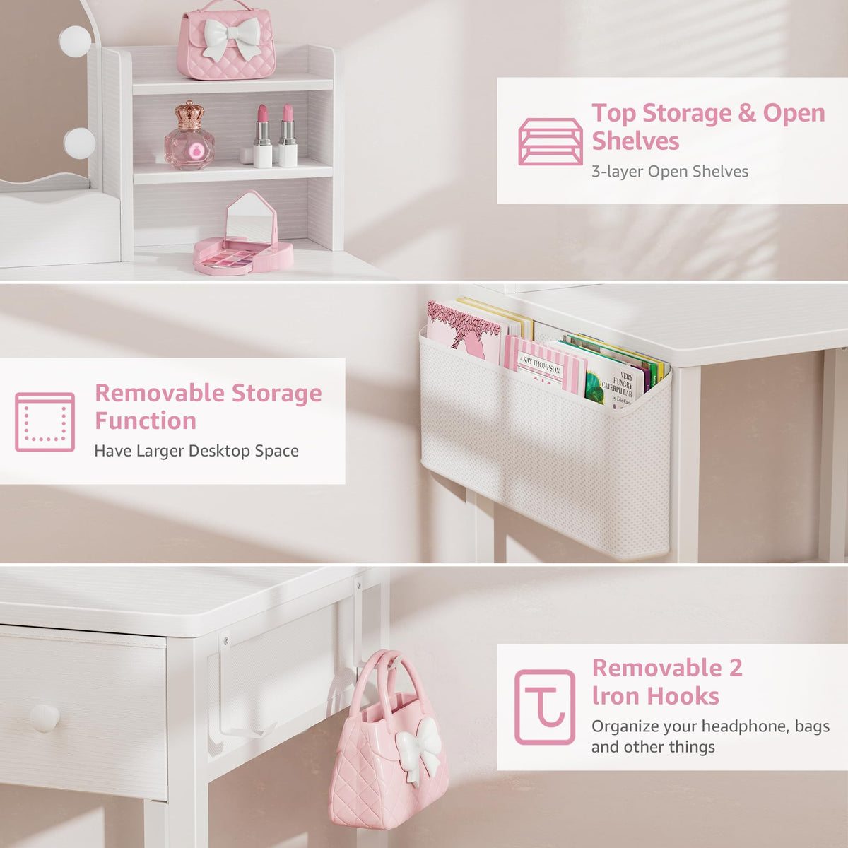 BOLUO Kids Vanity for Girls, Kids Vanity Table and Chair Set with Light and Mirror, 2 in 1 Kid Vanity Set, Princess Makeup Vanity Desk with Drawers White