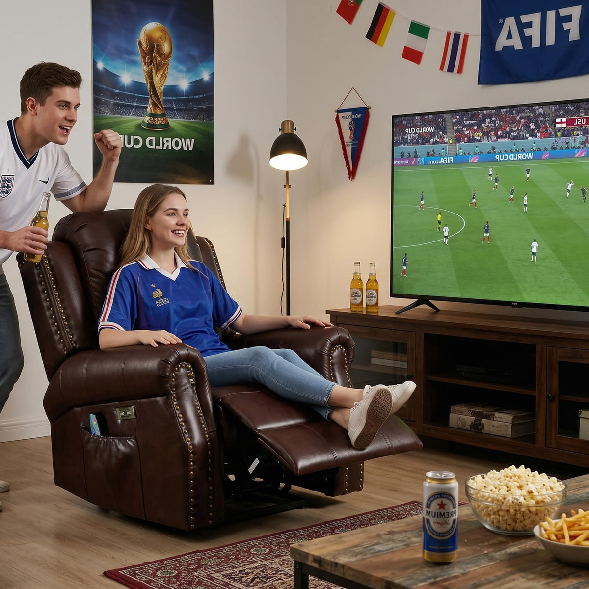 HAOMARKETS Classic Power Recliner Chair with Massage and Heat, Breathable Faux Leather Electric Recliner with USB&Type-C Ports, Overstuffed Reclining Sofa with Rivets for Living Room, Caramel Brown