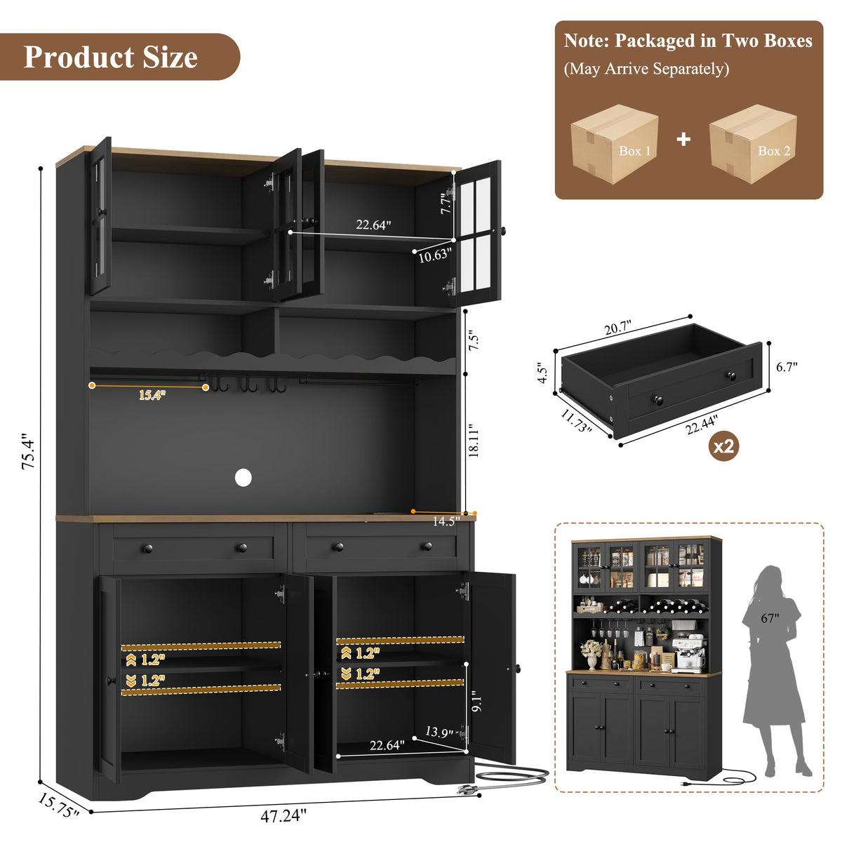 HOSTACK 75"H Kitchen Pantry Storage Cabinet, Kitchen Hutch Cabinet, Black