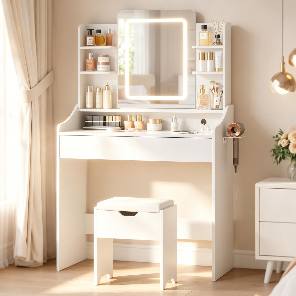 Vabches Vanity Desk with Mirror and Lights, Vanity with Lighted Mirror