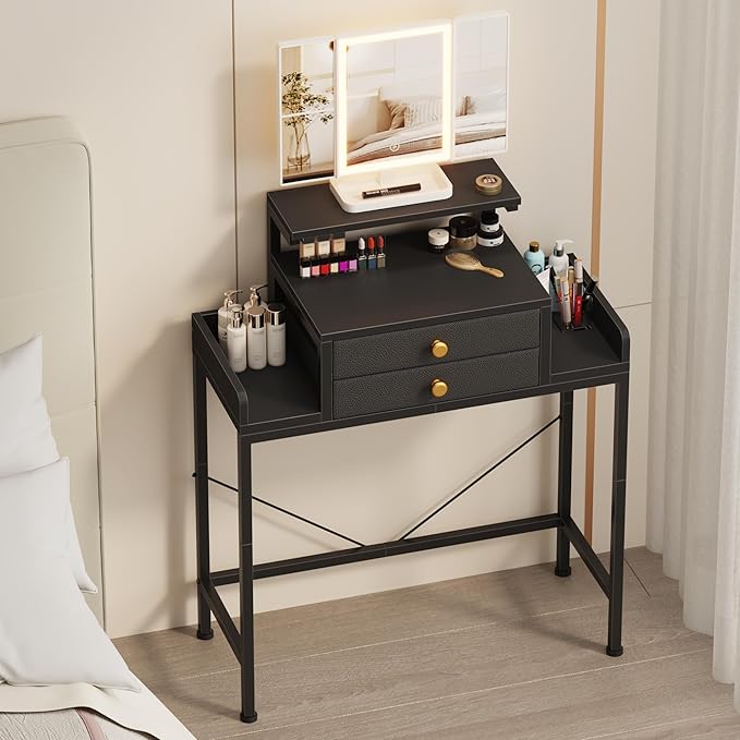 Compact LED Vanity Desk with Mirror, Drawers & Adjustable Stand