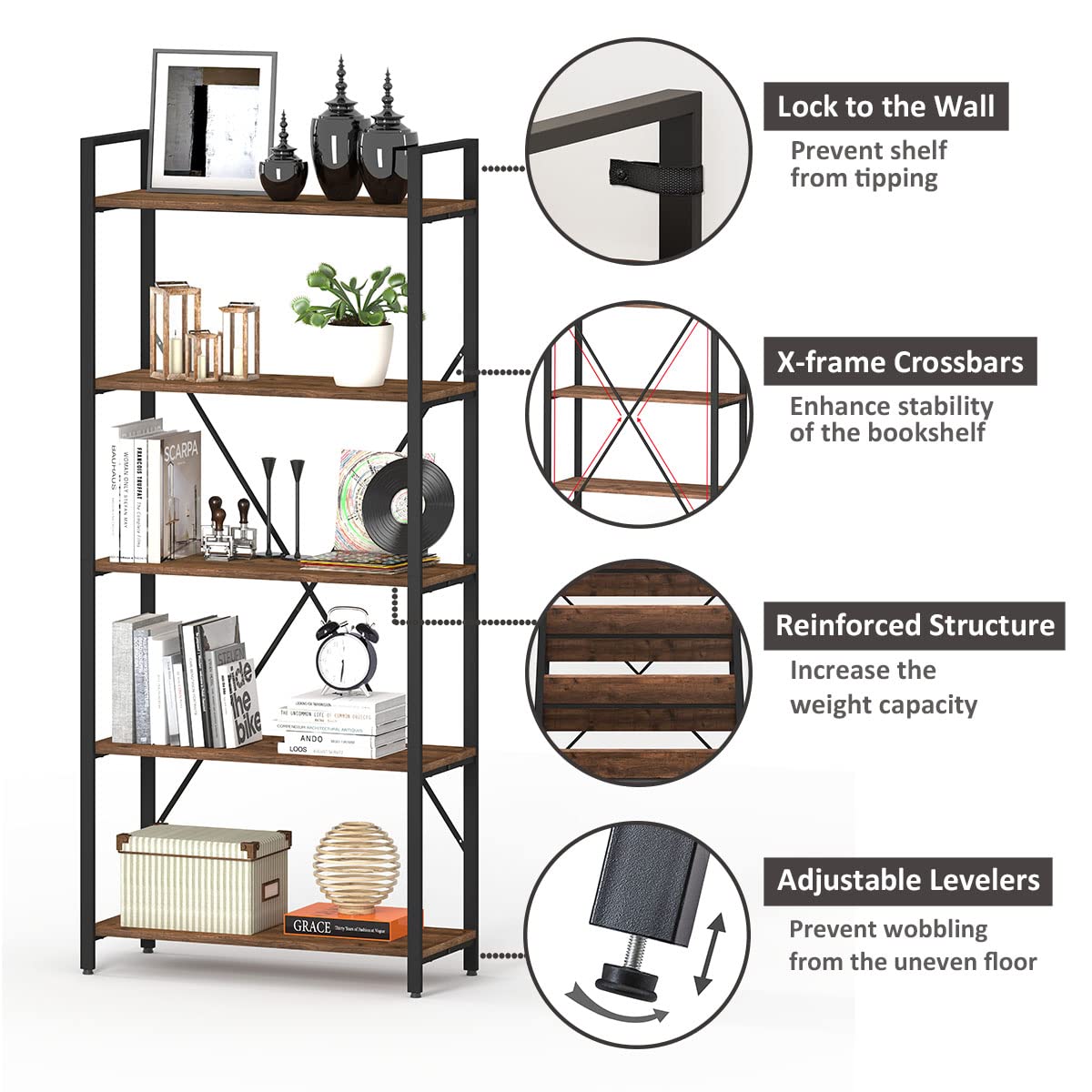 5-Tier Industrial Bookshelf