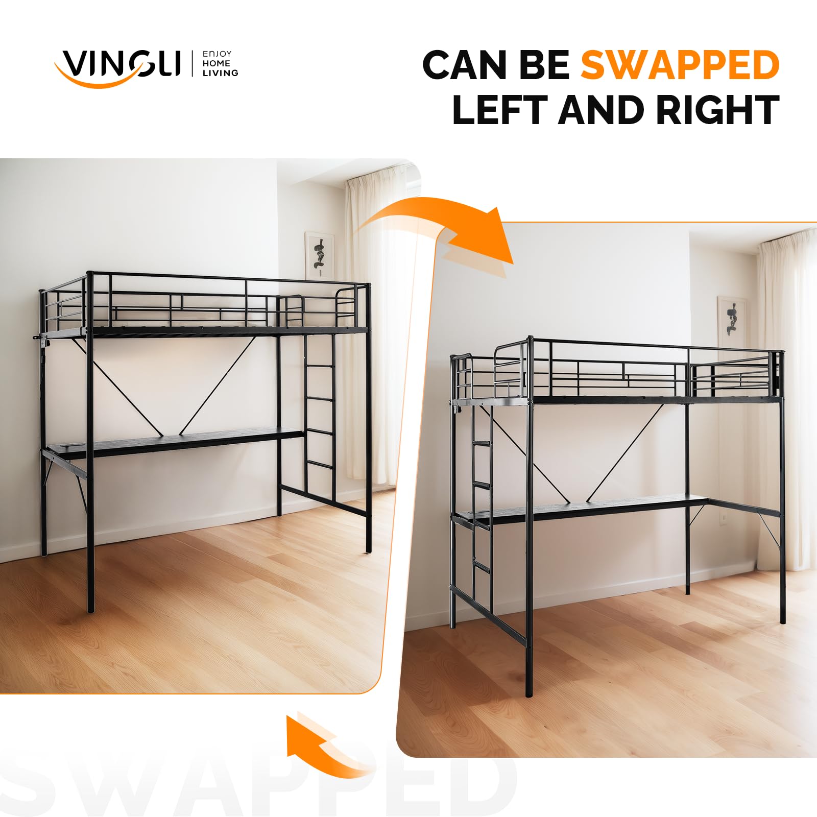 Metal Loft Bunk Bed with Desk, LED Lights & Charging Station