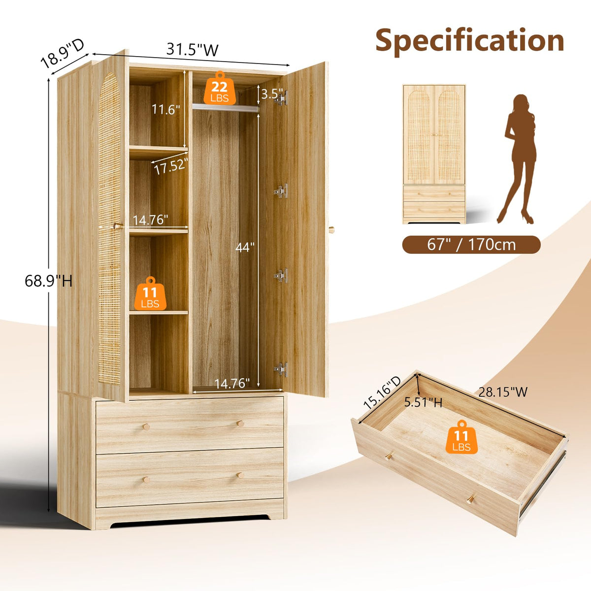 Rattan Wardrobe Armoire with Drawers