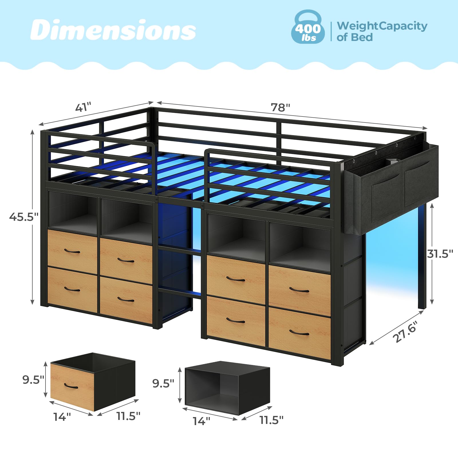 ADORNEVE Low Loft Bed Twin Size with 8 Storage Drawers, Twin Loft Bed with Bookcase and LED Lights, Metal Kids Loft Bed with 14" H Safety Guardrail, Under-Bed Play Space, No Box Spring Needed, Natural