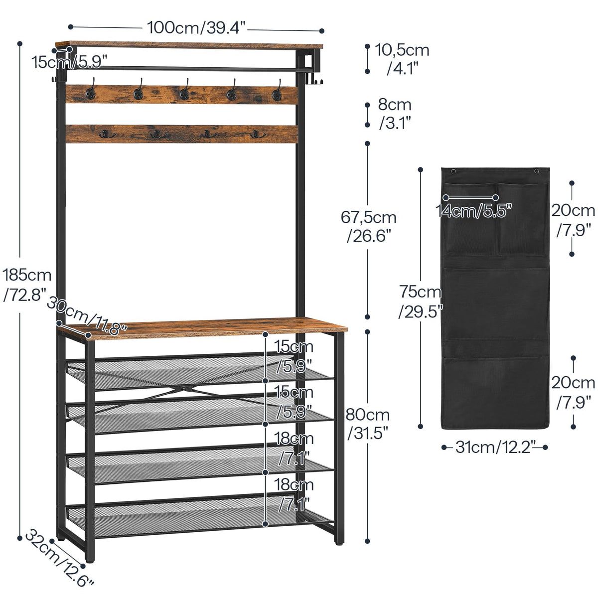 HOOBRO Hall Tree with Bench, Entryway Coat Rack with Shoe Rack, 39.4" Shoe and Coat Rack, 5 Tier Shoe Storage Organizer with Oxford Fabric Side Pockets, Adjustable Mesh Shelves, Rustic Brown BF76MT01