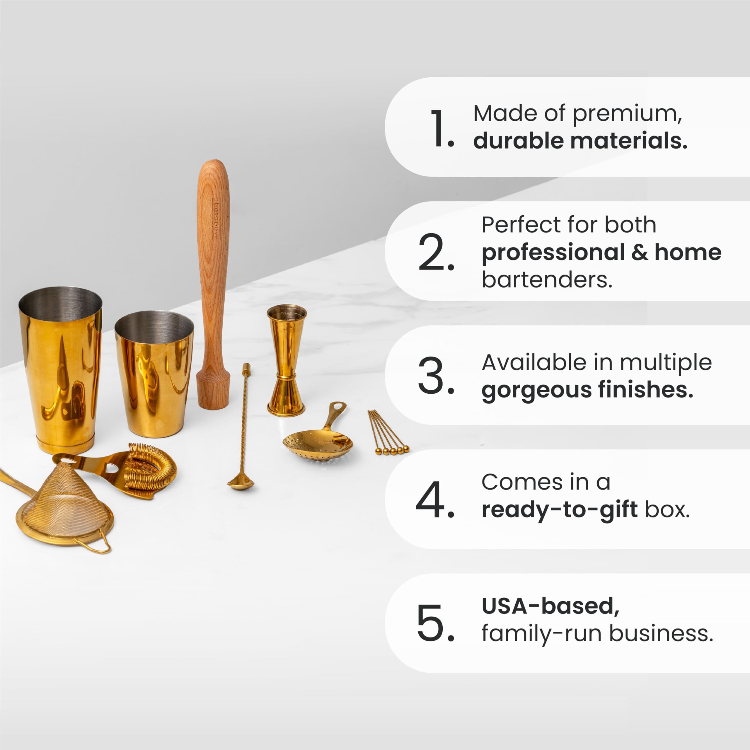 A Bar Above 14-Piece Stainless Steel Bartender Kit, Premium Professional Barware Set for Home Bars and Mixologists, Includes Cocktail Shaker, Jigger, Spoon, Strainers, Muddler, Picks, and More