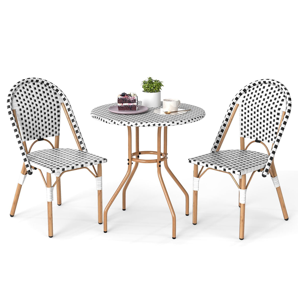 Tangkula 3 Piece French Bistro Table Chair Set, Outdoor Wicker Round Table & 2 Dining Chairs with Metal Support, Outside Accent Dining Furniture Set for Garden, Balcony, Porch