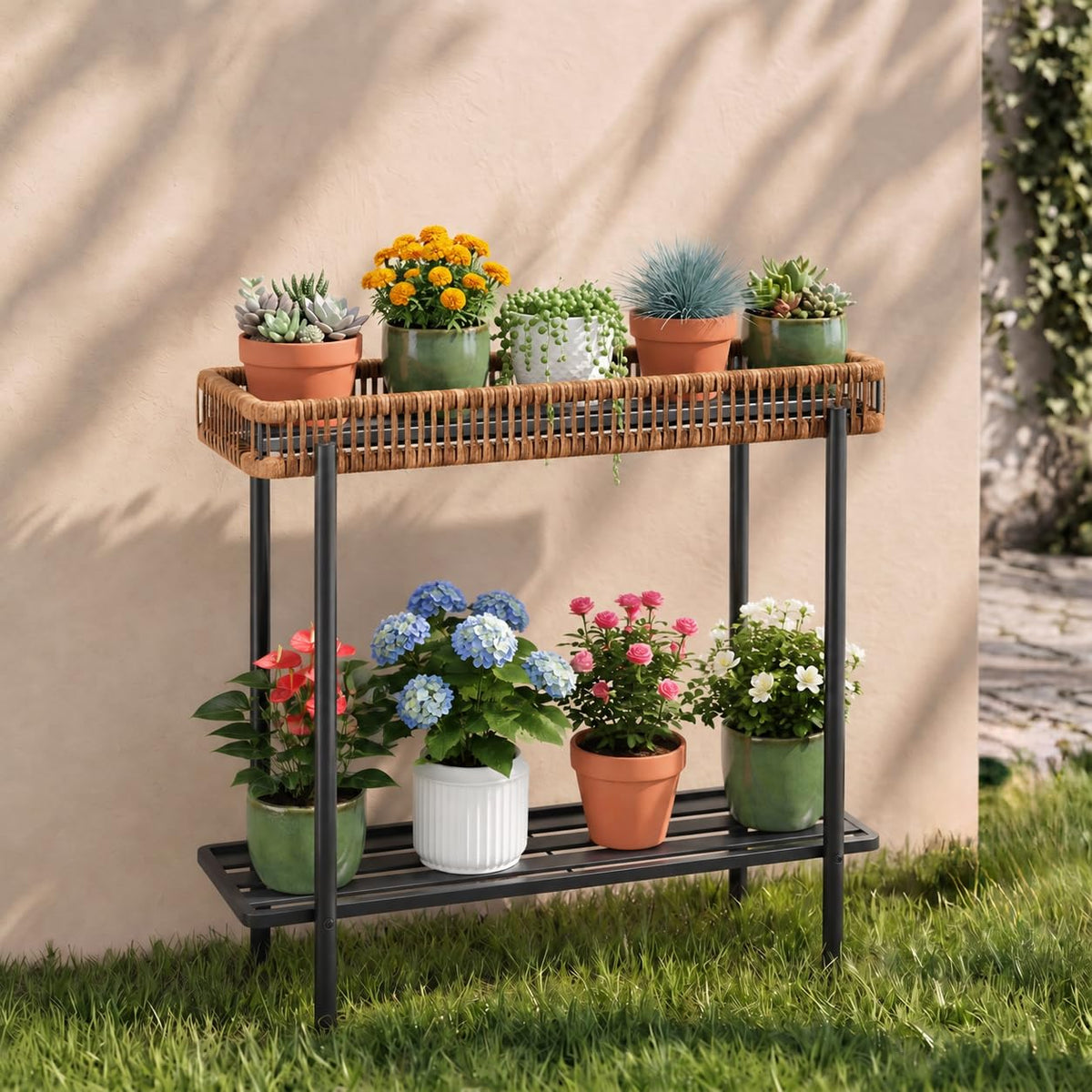 Mugovelo Metal Plant Stand with Rattan, Window Plant Rack Indoor Outdoor