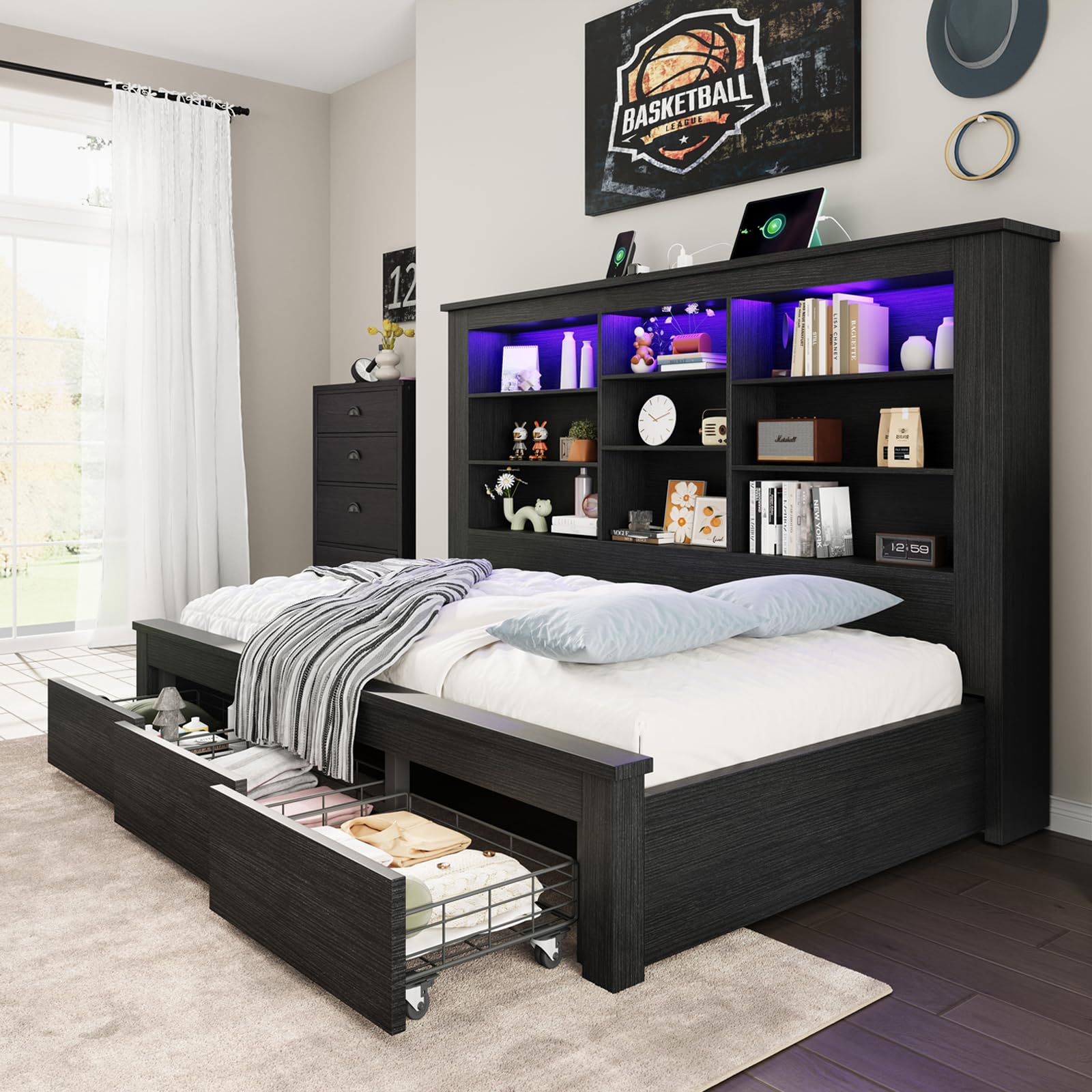 Jocisland Twin Bed Frame with Storage Drawers, Bookcase Headboard, USB Charging, RGB Lights, Farmhouse Wood Daybed, No Box Spring Needed, Black