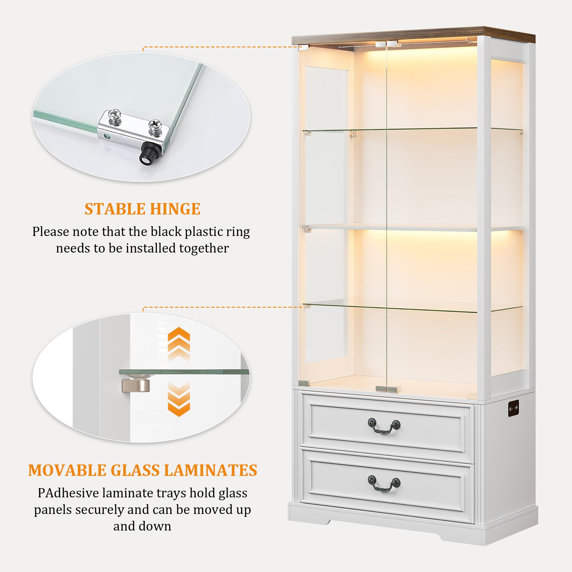 4-Tier Glass Display Cabinet with 2 Drawers, Tri-Color LED Sensor Lights & Pop-Up Door – 67"