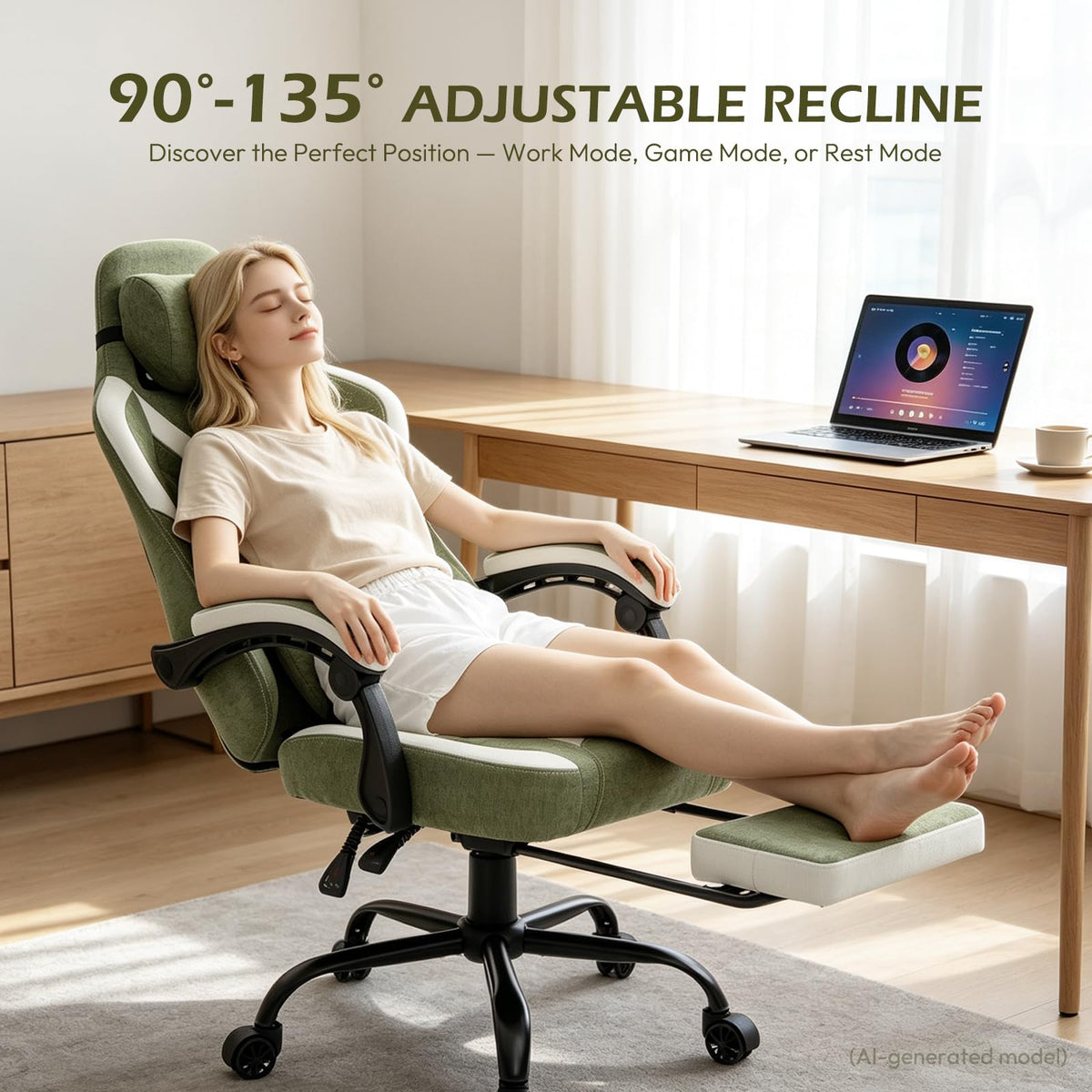 Green Chenille Gaming Chair with Footrest