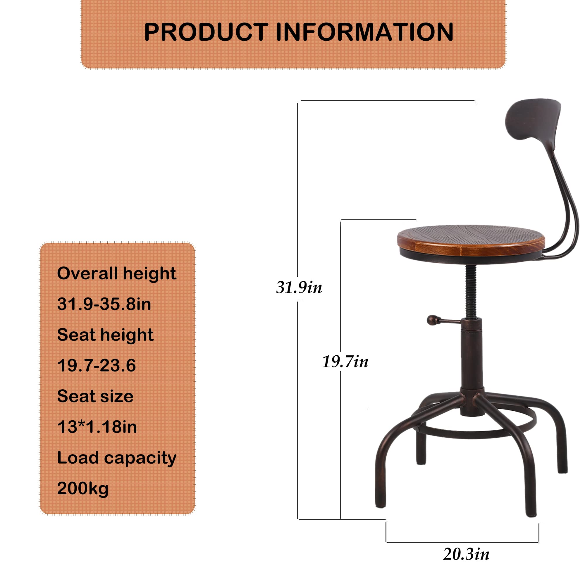 Topower 3 Piece Pub Table and Stool Set Round Bar Table Adjustable Height Coffee Table Farmhouse Counter Height Bar Stools with Backrest Copper 1 Table + 2 Stools