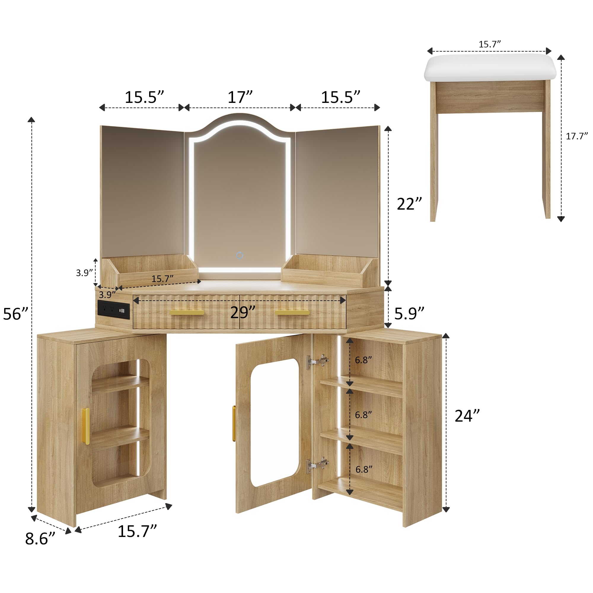 ZKIODV Corner Vanity Desk with 3 Way Mirror & LED Lights, Makeup Table Set with Charging Station, Storage Drawers & Side Cabinets, Modern Bedroom Dressing Table for Women & Girls Birthday Gift