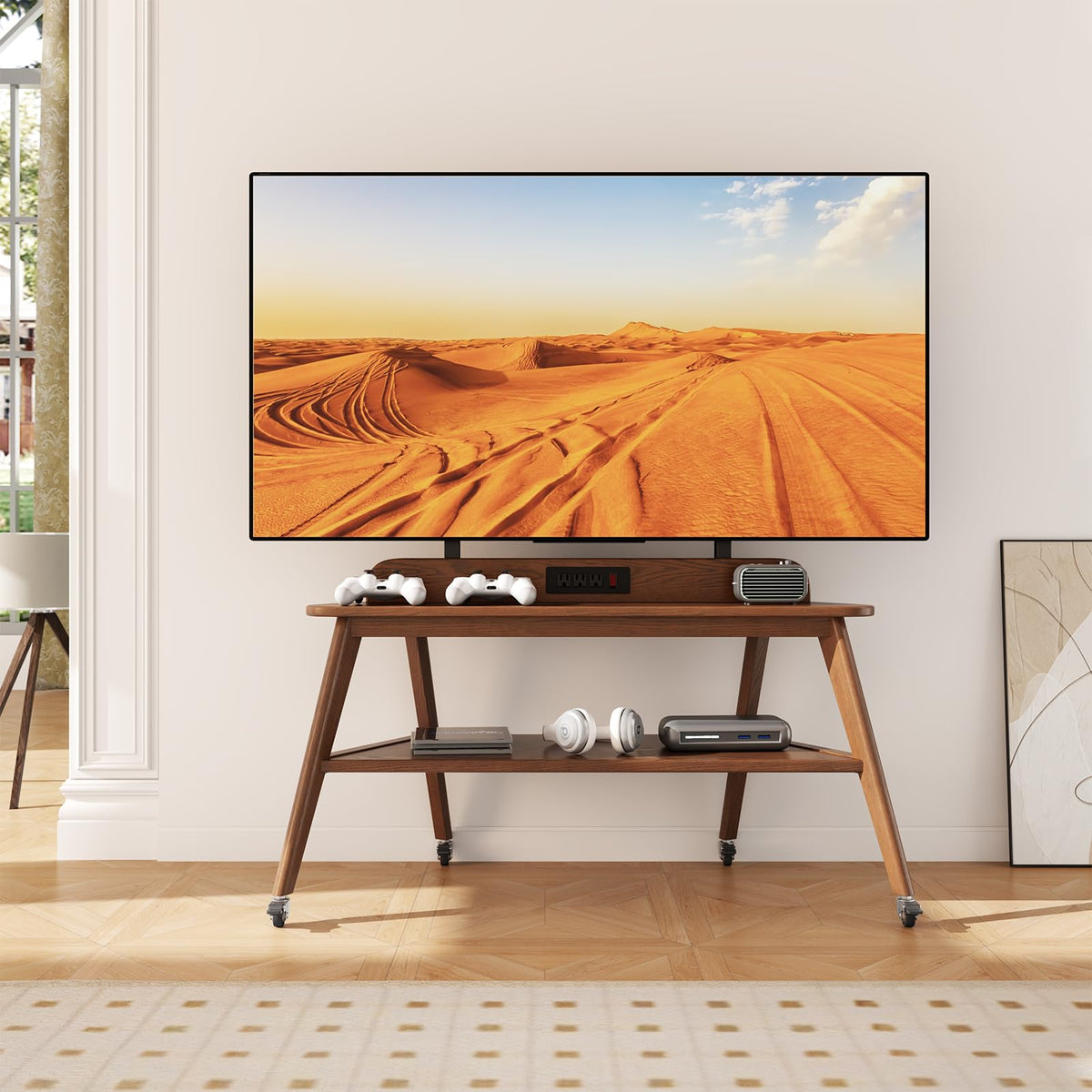 Solid Wood Rolling TV Stand