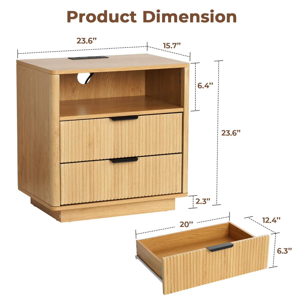 HOMMPA 24'' Fluted Nightstand Set of 2 with Charging Station, Modern Night Stand with 2 USB Ports & 2 AC Outlets, Wood Bedside Table with Open Compartment, 2 Drawer Side Table for Bedroom