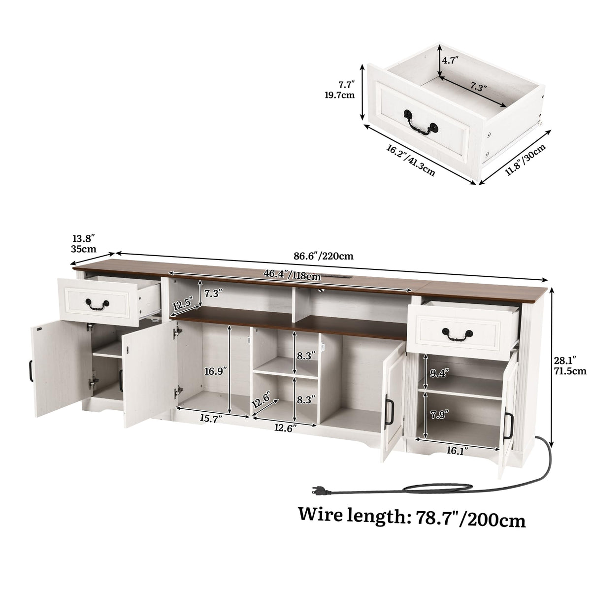 YITAHOME 87" Farmhouse TV Stand with Power Outlet for 100" TV, White/Walnut