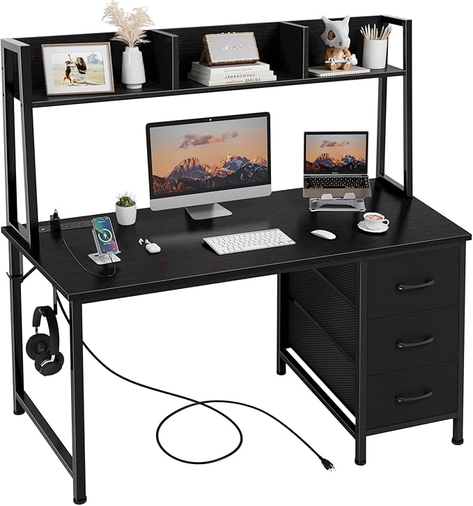 47" Computer Desk with Hutch, 3 Fabric Drawers & Power Outlets