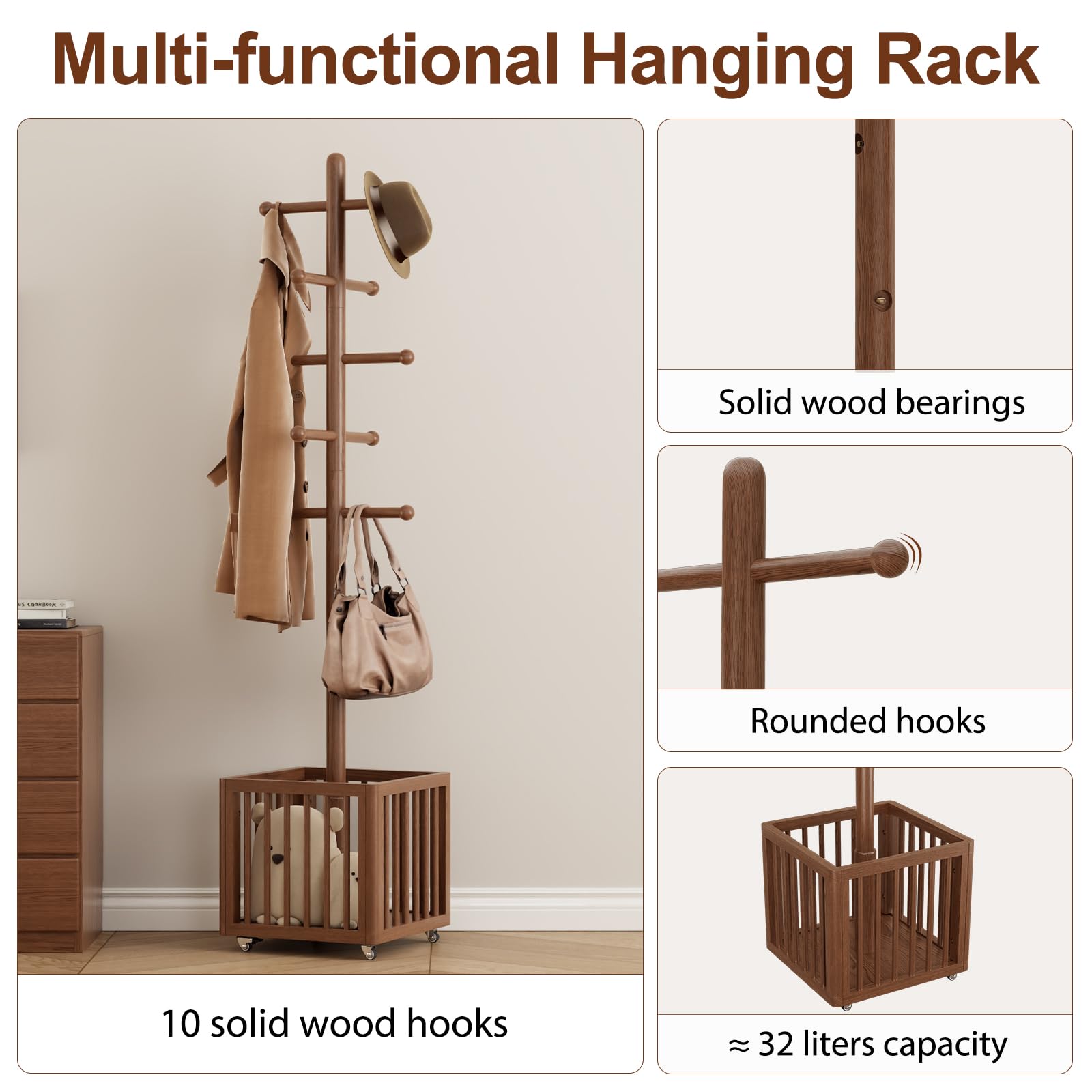 Wood Tree Coat Rack with 10 Hooks & Rolling Wheels