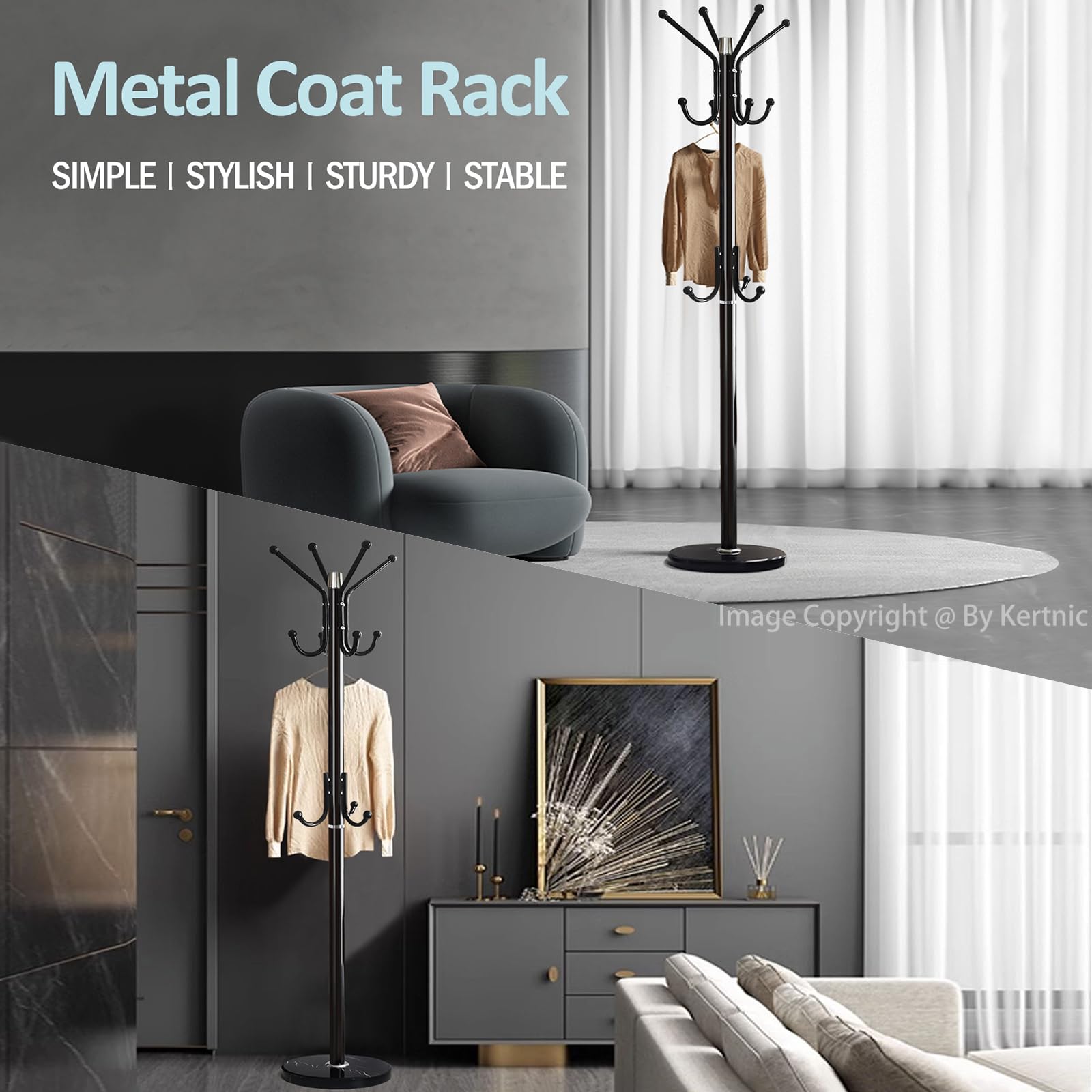 Freestanding Coat Rack with Marble Base & 11 Hooks