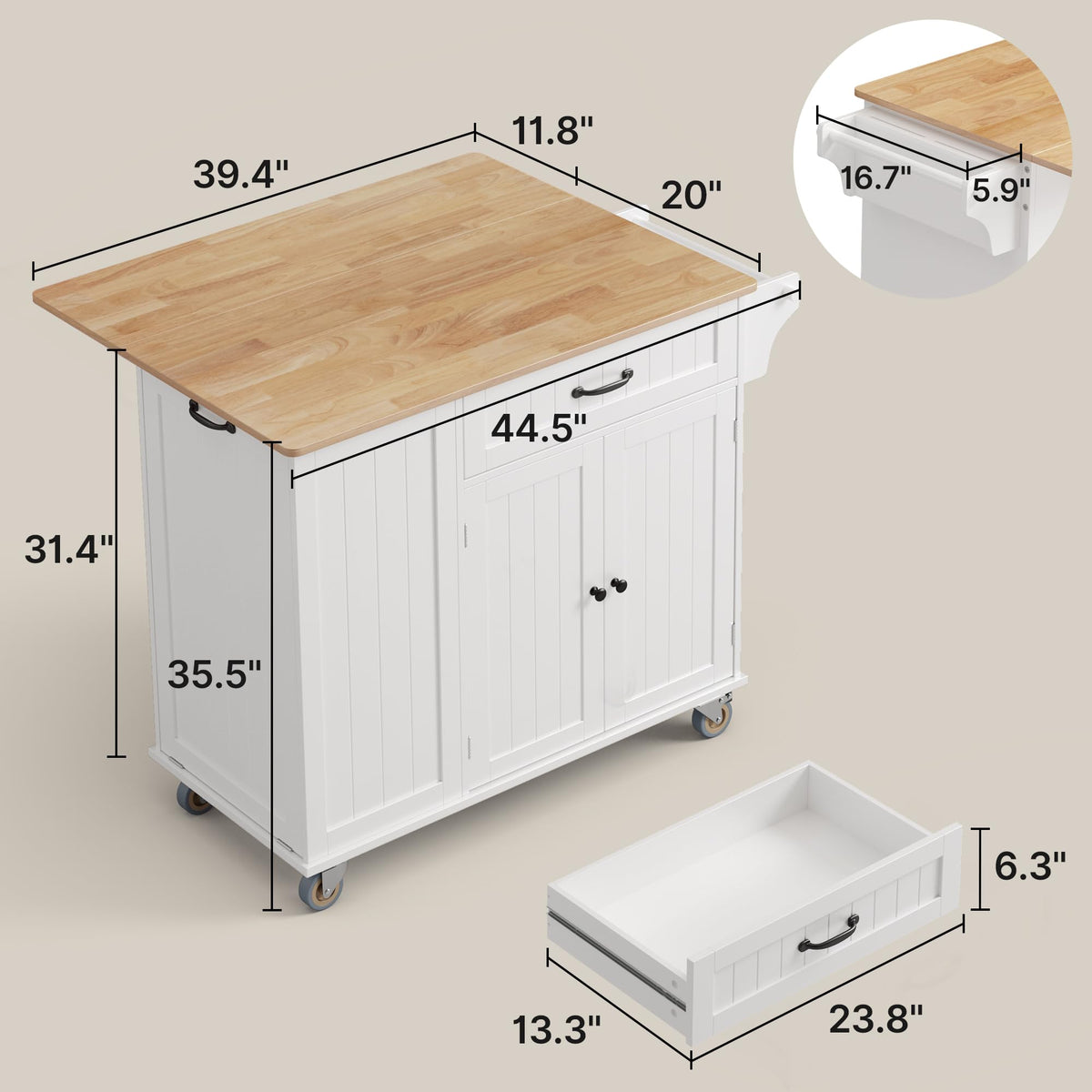 Ahomly Kitchen Island with Storage, 44.49" W, White