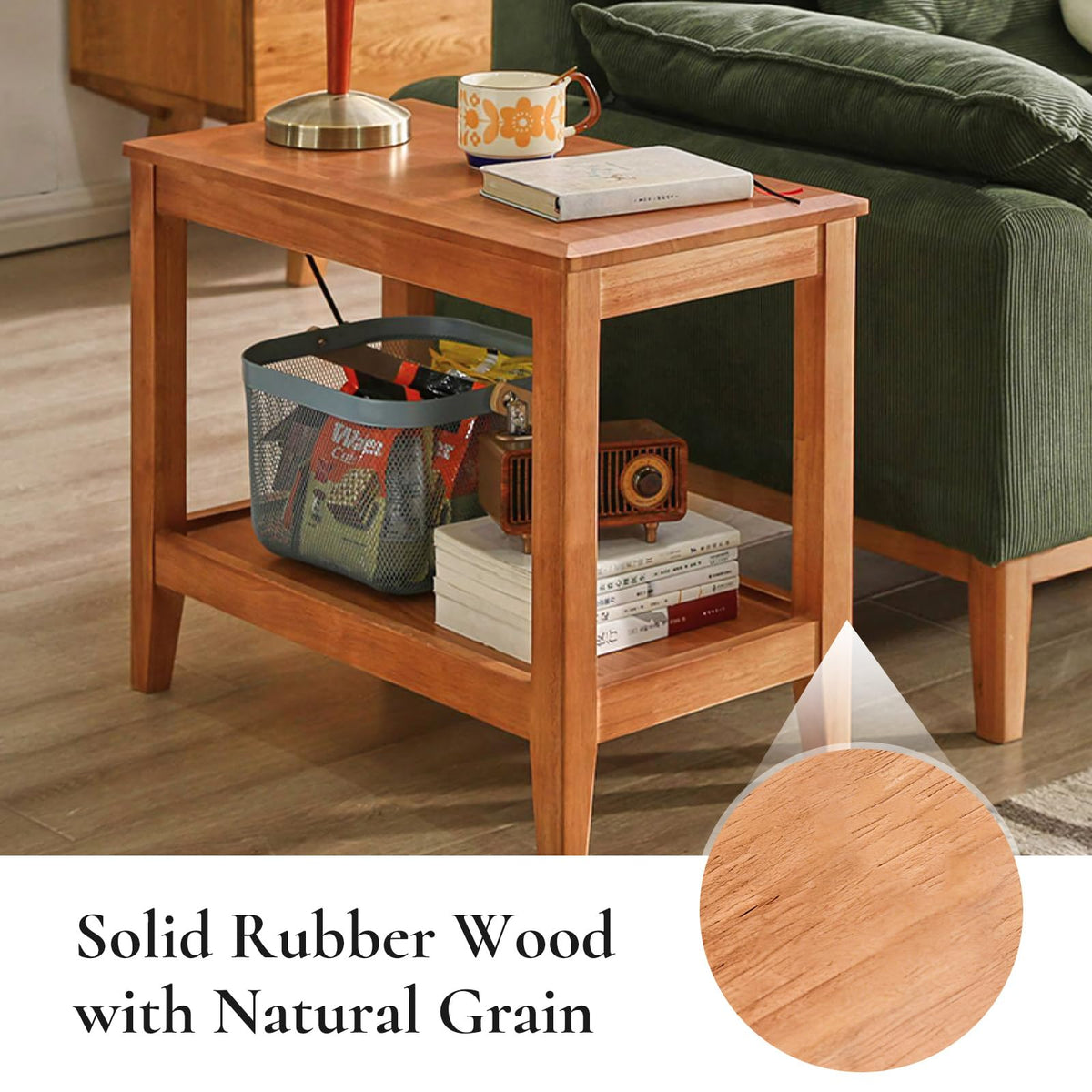 Cttasty Side Table, Solid Wood Rectangular End Table with Storage Shelf, 2-Tier Coffee Table for Living Room, Rubber Wood Small Sofa Table, Nightstand 19.69 H x 13.39 W x 23.62 D Inches (Natural)