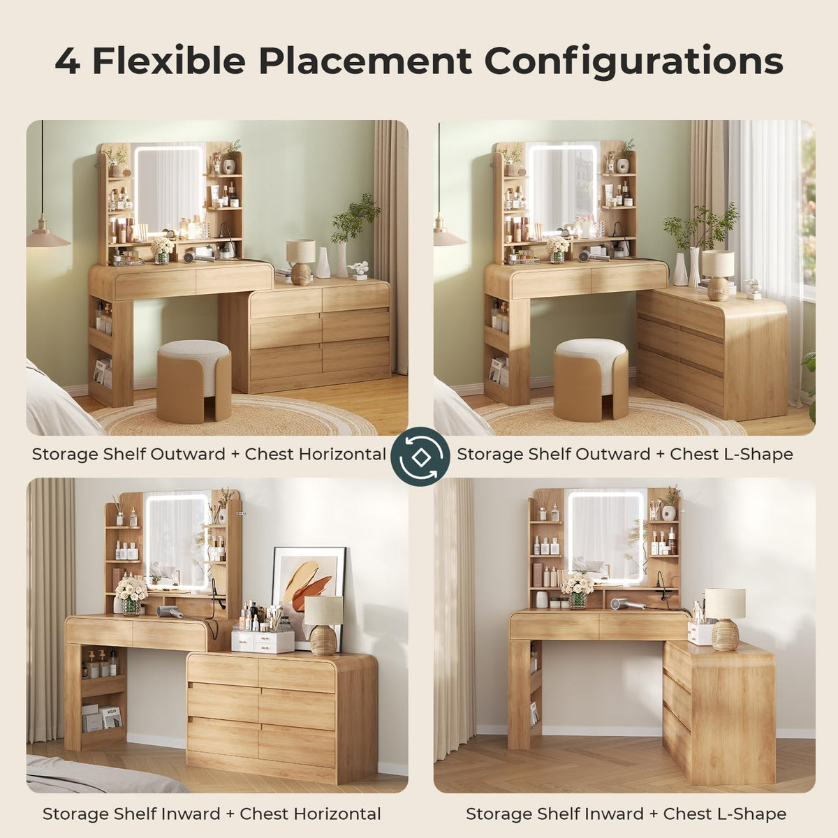 Vanity Desk with Mirror & Lights, 8 Drawers & Charging Station, Natural