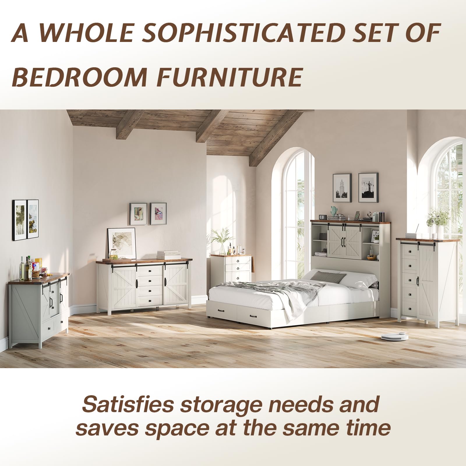 LUXOAK 3 Pieces Bedroom Set - Includes 60" Farmhouse Dresser, 48" Chest of Drawers with Sliding Barn Doors, 48" Tall Storage Cabinet with 5 Drawers, Rustic White