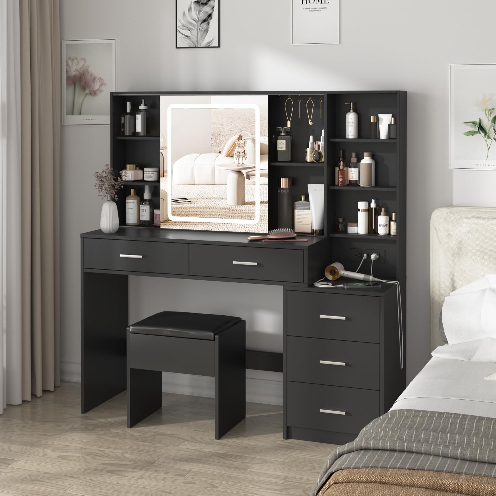 Fameill Vanity Desk with Mirror and Lights, Makeup Vanity with 5 Drawers, Makeup Desk with Charging Station and Ample Storage, Dressing Table with Chair for Bedroom Room (Black)