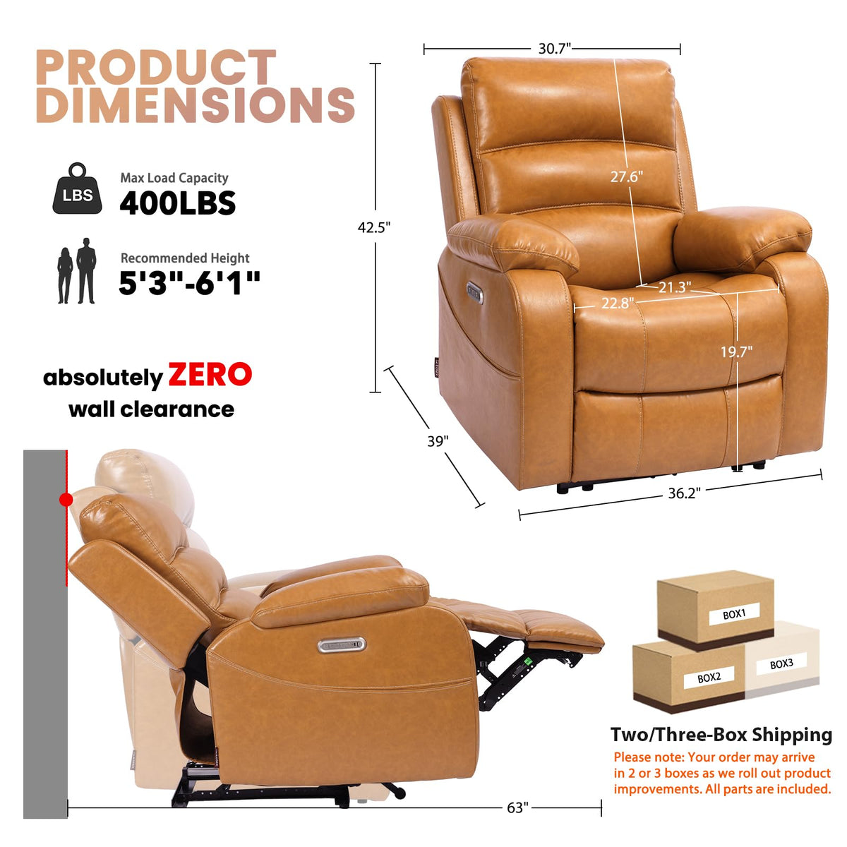 EONIX Dual Motor Zero Clearance Wall Hugger Power Recliner Chair, Orange