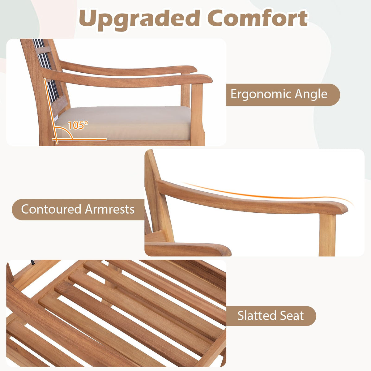 Tangkula 3 Piece Wood Patio Furniture Set, Outdoor Bistro Set w/Soft Seat Cushions, Solid Acacia Wood Frame, 2 Armchairs & Coffee Table Set for Backyard, Porch, Poolside (Off White)