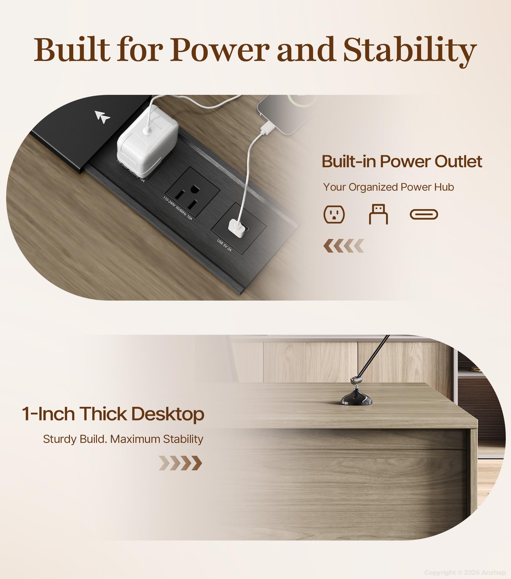 L-Shaped Executive Desk with Power Outlets & USB Ports