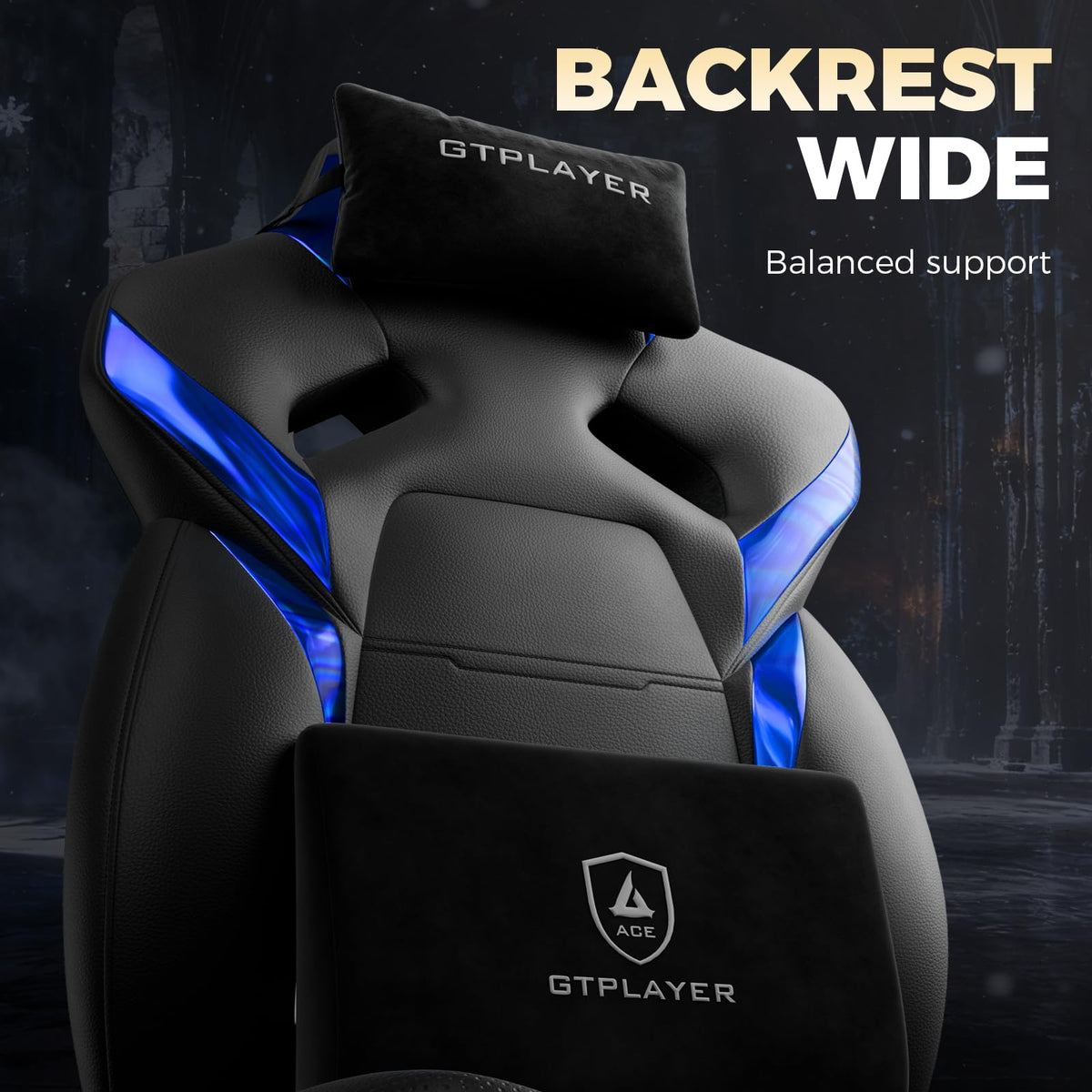 GTPLAYER Big and Tall Gaming Chair for Adults, Ergonomic Office Chair with Footrest, Heavy Duty 350 lbs Capacity, High Back, Premium Leather & Iridescent Trim, ACE-Armor, Black & Blue Trim