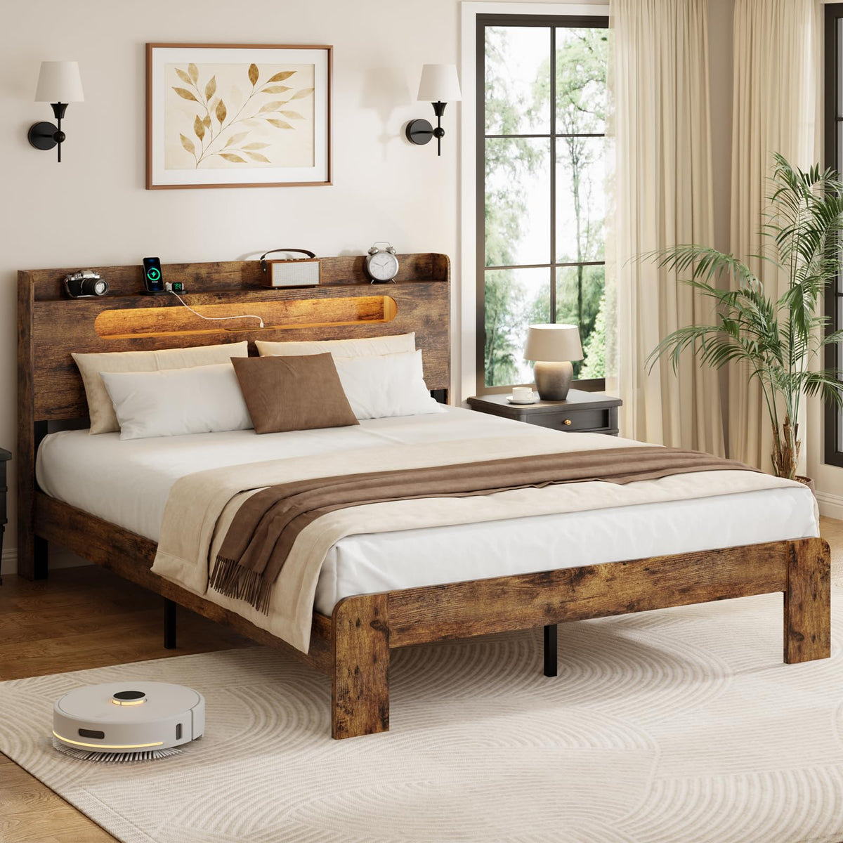 Queen Platform Bed with Storage Headboard