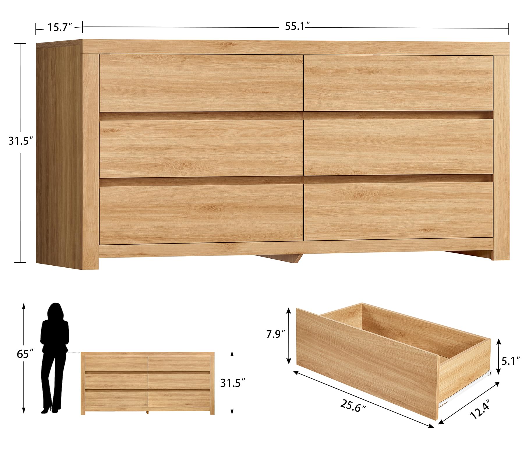 TEENFON 55" Dresser for Bedroom with 6 Drawers, Modern Dressers & Chests of Drawers with Metal Handles, Wooden Dresser TV Stand, Bedroom Dressers, for Bedroom, Hallway, Natural