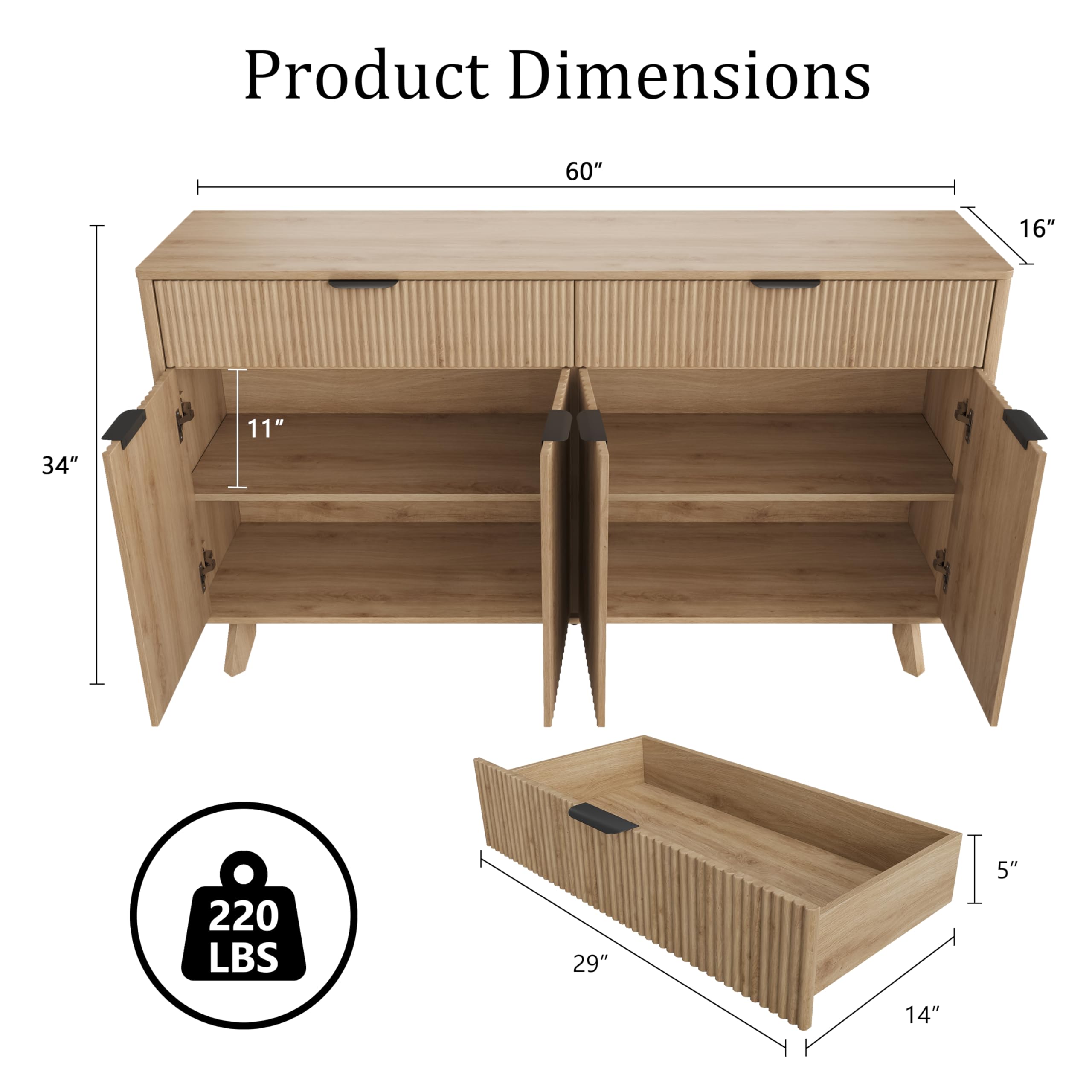 60" Rattan Buffet Sideboard Cabinet with Drawers & Wave Doors