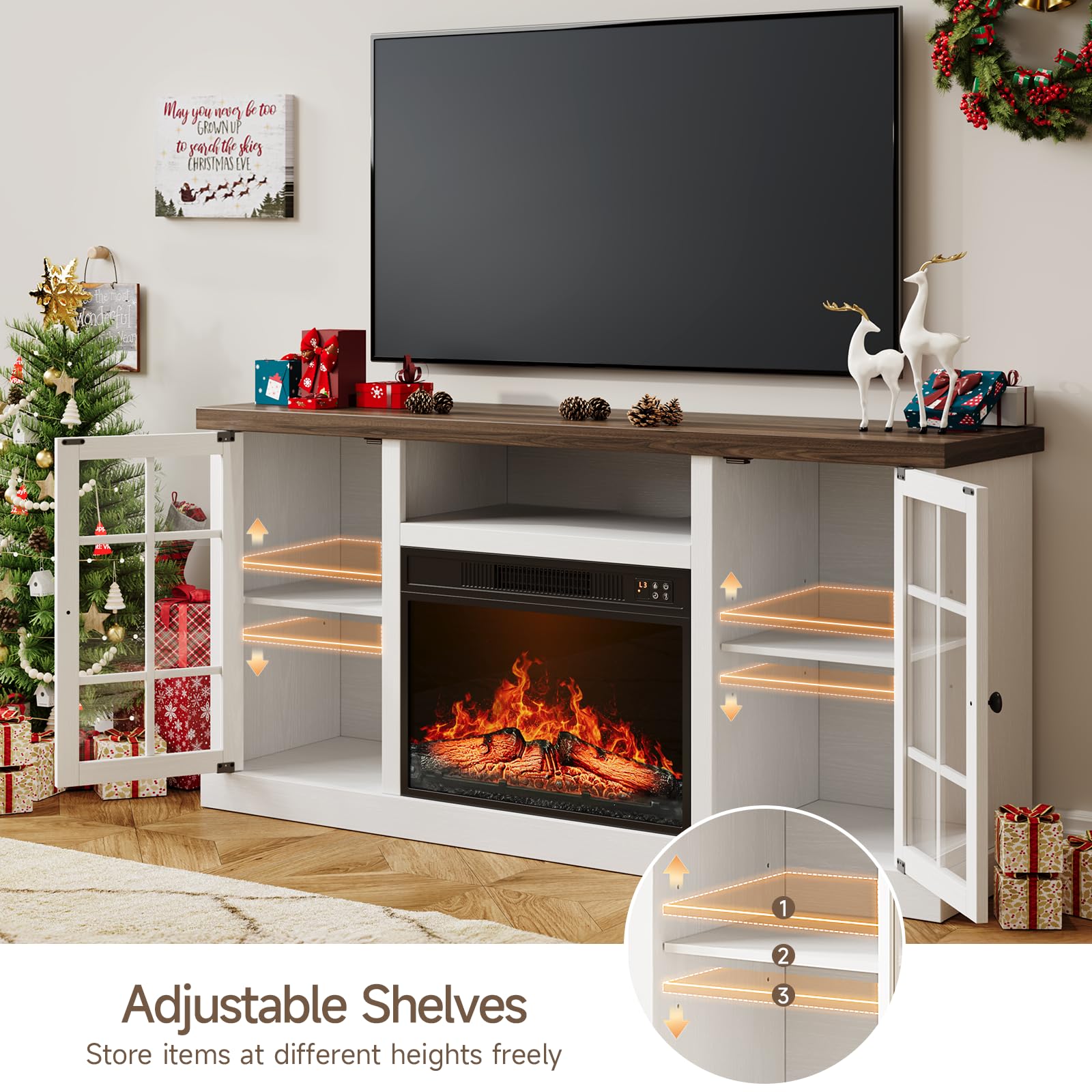 59" Fireplace TV Stand with Electric Fireplace & Glass Doors