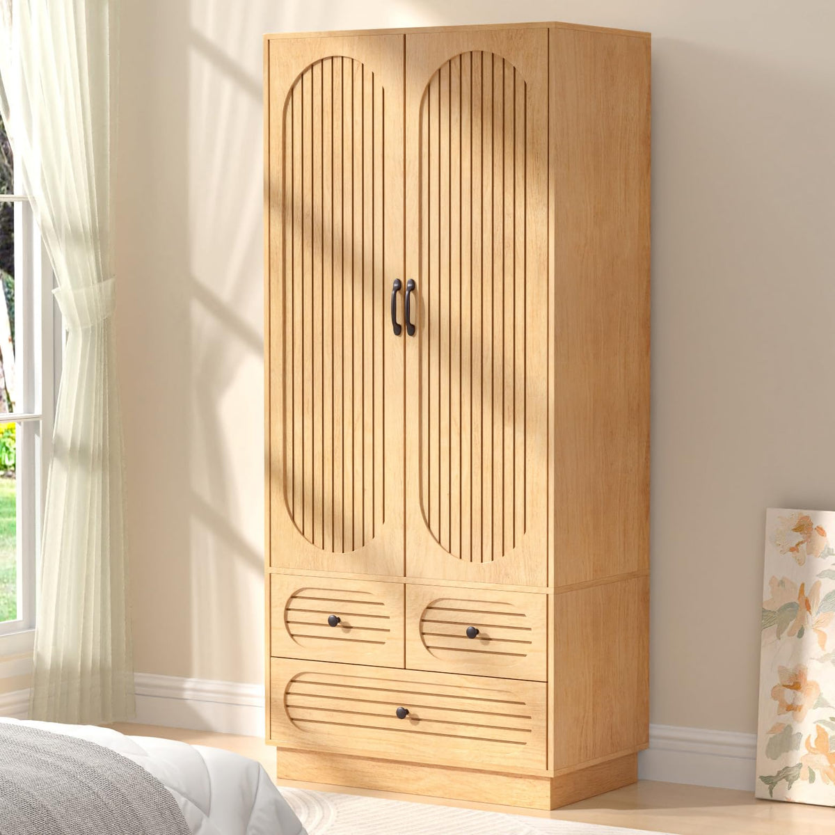 Fluted Wardrobe Armoire with 3 Drawers