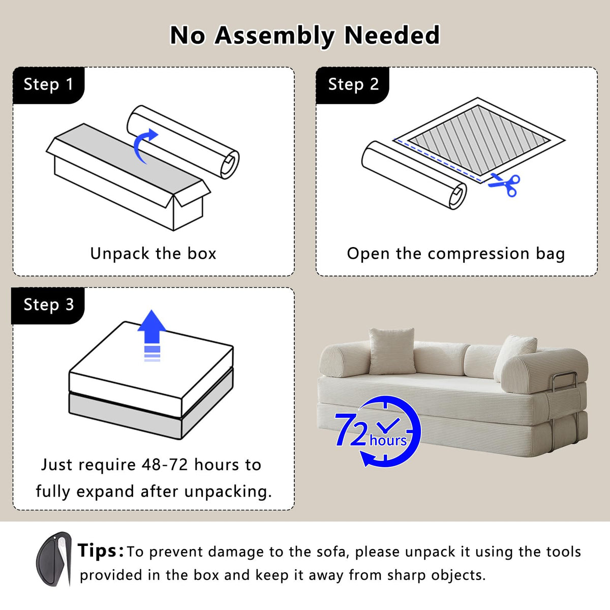 78" Convertible Sofa Bed,Folding Floor Couch,Boneless Bed Futon,Beige